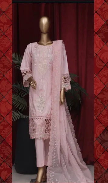 Pakistani Original Bin Saeed luxury Stitched Cotton Embroidered 3 Pcs _ Pink 